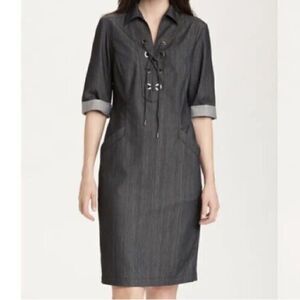 LAFAYETTE 148 New York Dark Chambray Black Denim Nissa Lace-Up Dress  14 petite